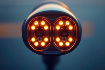 Two circular panels on a device, each featuring bright orange LEDs illuminating a central lens or sensor, against a blurry backdrop.