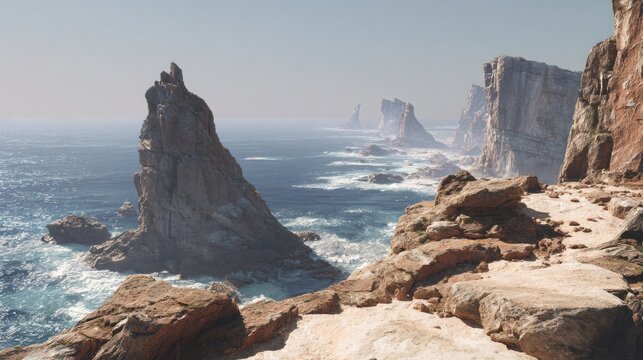 Dramatic panoramic vista of a rugged rocky coastline, featuring towering sea stacks and majestic cliffs plunging into the vast, tranquil ocean under a clear, bright sky.