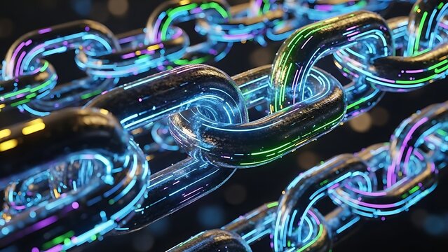 A close up of an interconnected chain with glowing neon lights running through the metal links - Powered by Adobe