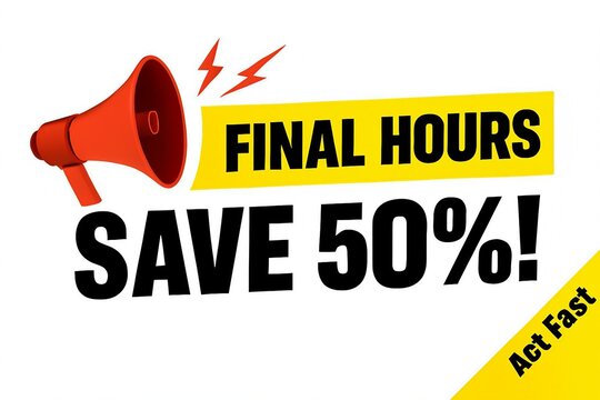 Bold sale announcement with megaphone and lightning bolts announcing final hours save fifty percent act fast - Powered by Adobe