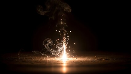 A close up of sparks and smoke rising from a small fire in a dark setting on a reflective surface