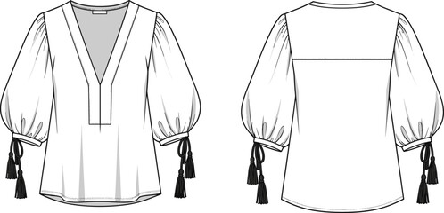Women's tassel-sleeve blouse technical fashion sketch, V-neck boho garment CAD drawing, flat vector illustration, apparel design template, stylish clothing blueprint for designers © Mosharaf Creative
