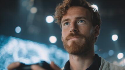 Close-up portrait of a man with a beard and curly hair. he is looking up at the sky with a thoughtful expression on his face.