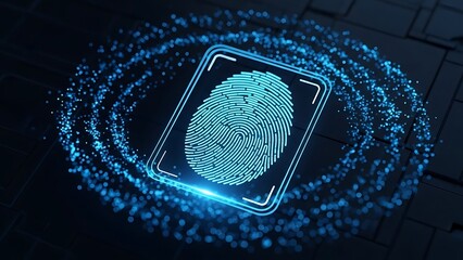 Glowing blue fingerprint scan surrounded by particles on a dark textured background design concept