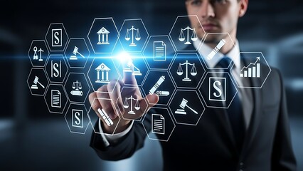 Man interacting with digital legal icons on a screen in a futuristic interface display system