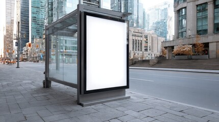 Blank vertical advertising display at a modern city bus stop shelter on an urban street with skyscrapers and paved sidewalk