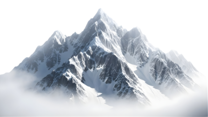 Majestic Snowcovered Mountain Range With Sharp Jagged Peaks And Rocky Textures Emerging From A Misty Fog