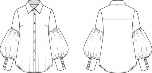 Women's puff-sleeve button-down shirt technical fashion sketch, structured cuff garment CAD drawing, flat vector illustration, apparel design template, elegant clothing blueprint for designers