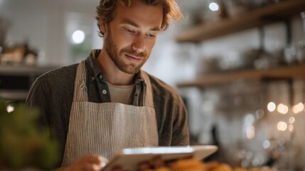 Young man wearing a striped apron in a kitchen. he is holding a tablet in his hands and appears to be looking at it intently.