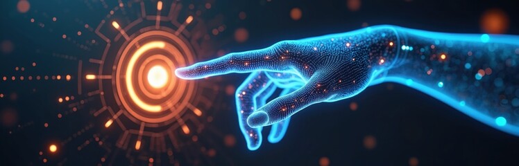 Glowing hand interacts tech circle. Digital transformation future trends concept with interactive neon element. Artificial intelligence development, neural networks, machine learning. Modern