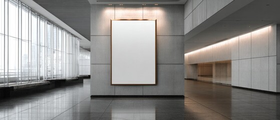 Blank vertical billboard in a modern concrete interior with large software and reflective flooring, ready for advertisement.