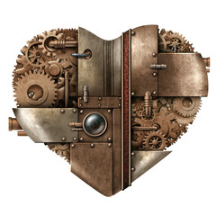 Steampunk Heart as a retrofuturistic human love symbol as a science fiction and victorian era steam powered with brass gears and clockwork with intricate mechanics representing cardiovascular health.