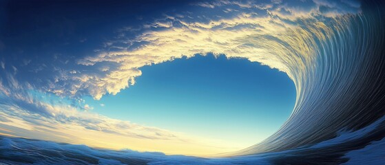 A massive wave seen from inside its tube looking towards the horizon with a blue sky and clouds in the background