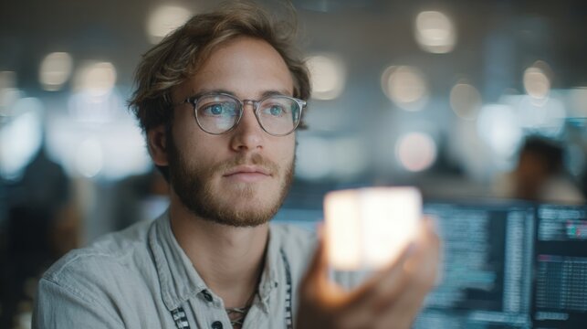 Young man with a beard and glasses, sitting in front of a computer monitor. he is holding a smartphone in his hand and appears to be taking a selfie. - Powered by Adobe