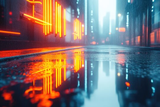Vibrant orange neon lights reflect dramatically on a rain-soaked cyberpunk city street, creating a moody, futuristic urban scene. - Powered by Adobe