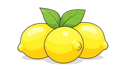 Three Bright Yellow Cartoon Lemons With Green Leaves Glossy Texture And Distinct Black Outlines Grouped