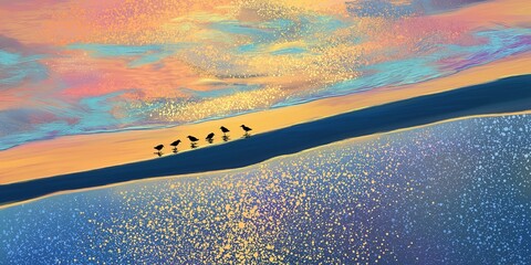 Digital art of sandpiper birds walking along the beach at sunset with a gradient background transitioning from blue to orange and yellow featuring sparkling water effect