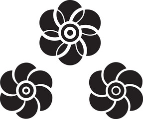 Three stylized black and white floral motifs with circular centers and curved petals isolated on a white background