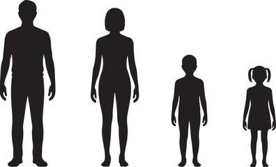 Silhouettes of a family including a father mother son and daughter standing together against a white background