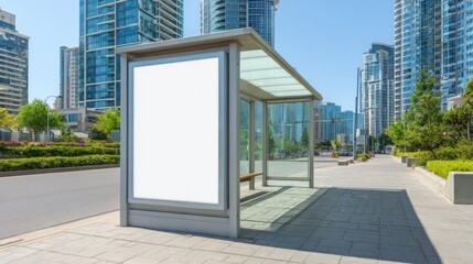 Modern city bus stop with blank advertisement panel and glass skyscrapers on a bright sunny day, ideal for urban advertising mockup