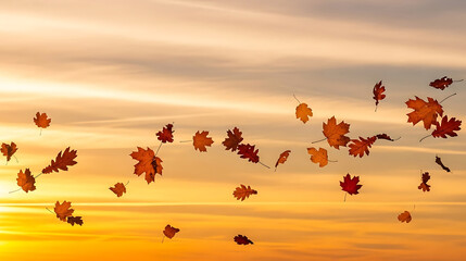 Autumn leaves dance in the golden sunset sky