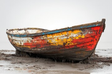 Obraz premium A vibrant, weathered wooden boat, painted in peeling red, yellow, and white, lies abandoned on a muddy beach under a calm sky.