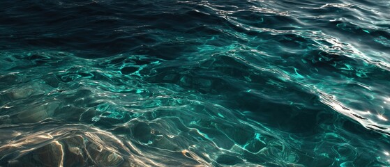 Close-up of shimmering teal and turquoise ocean water with dynamic ripples and light reflections, creating a vibrant and serene liquid texture.