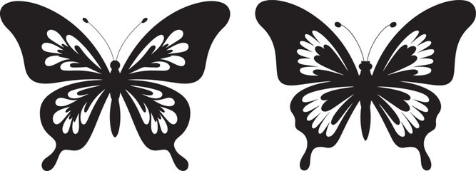 Two stylized black and white butterflies with intricate wing patterns facing each other symmetrically on a white background