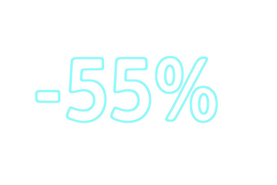 Minus 55 percent neon sign, glowing blue percentage discount or sale promotion, transparent background