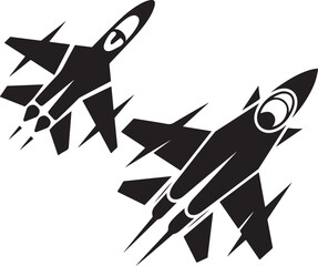 Two silhouette fighter jets in flight against a white background illustrating aerial combat or military aviation power