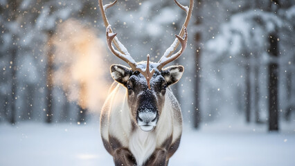 Reindeer with Breath Visible in Cold Winter Snow Landscape