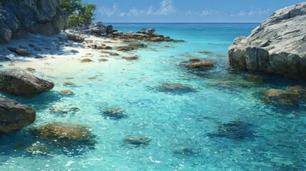 Vibrant oil painting of a secluded tropical beach with crystal clear turquoise water, white sand, and rocky cliffs under a bright blue sky