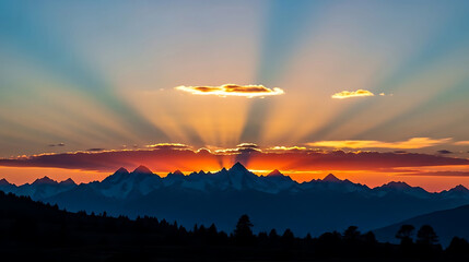 Dramatic sunset rays pierce through clouds over silhouetted mountains