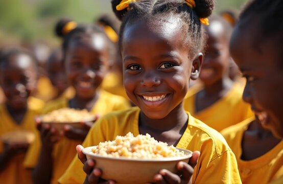 African children wear yellow shirts holding bowls of food. A smiling girl in the foreground looks at the camera. Other kids are blurred in background sharing a meal outdoors.
