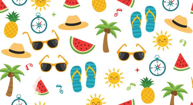 Fun and vibrant seamless summer pattern with cute suns, sunglasses, palm trees, pineapples, and watermelon slices on a white background.