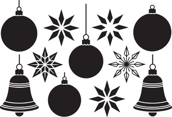 Collection of black silhouette christmas ornaments including baubles snowflakes and bells isolated on white background
