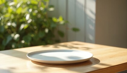 Empty white plate rests on a wooden table. Sunlight streams through foliage casting shadows. Creates a serene outdoor dining atmosphere for a meal setting.