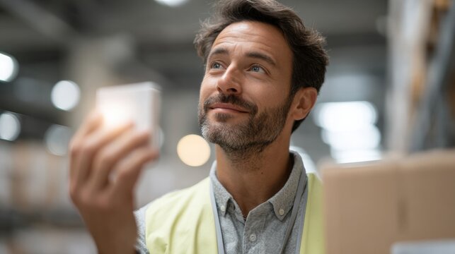 Man in a warehouse, holding a smartphone in his hand and taking a selfie. he is wearing a yellow vest and a grey shirt. - Powered by Adobe