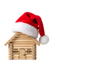 Wooden house model with santa hat for christmas isolated on transparent background