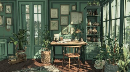 Sunlit green home office with botanical prints, wooden desk, and lush potted plants, creating a serene and academic interior design