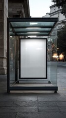 Blank illuminated advertising billboard in a modern glass bus stop shelter on an urban street with architectural background