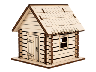 Small wooden toy house model isolated on transparent background