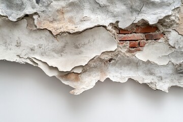 Close-up of a decaying wall with peeling plaster revealing weathered red bricks, contrasting with a clean bottom surface, showcasing texture and age.