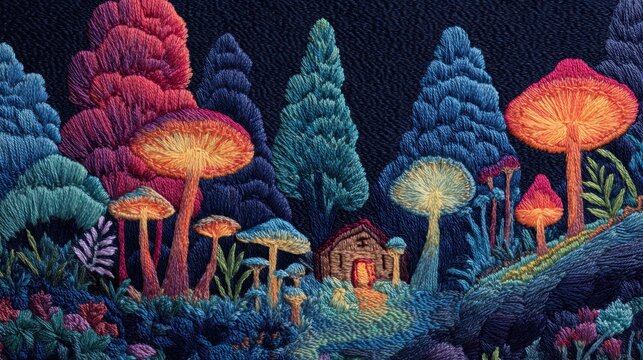 Vibrant embroidered fantasy forest with glowing mushrooms and enchanted cabin - intricate hand-stitched textile art scene