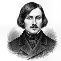 Obraz premium Black and white vintage engraving, close-up headshot portrait of Nikolai Vasilyevich Gogol, the famous historical Russian novelist, short-story writer, and playwright, white background, greyscale
