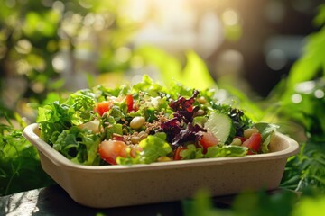 A fresh, healthy mixed green salad with tomatoes, cucumbers, and seeds in an eco-friendly container, bathed in natural sunlight.
