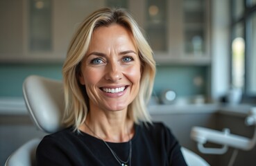 Mature woman with blonde hair sits in dentist chair smiling. She has blue eyes and wears black shirt. Dental clinic background with medical equipment.