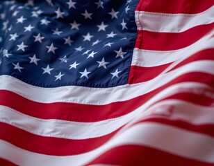 Close-Up View of American Flag Waving in the Breeze with Rich Textures and Bold Colors