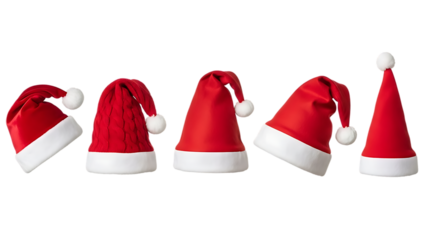 Five red santa hats in a row isolated on transparent background