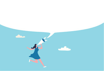 Woman speak out or speak up to communicate, telling the truth or big announcement, voice to be heard, female leadership or message concept, businesswoman speak out on megaphone with big speech bubble.